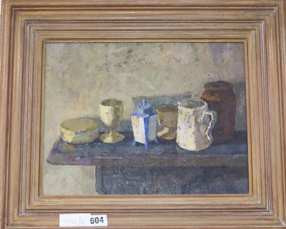 Jackie Philip, (Modern British) oil on canvas, still life, Vessels on a ledge signed the ex Court Gallery, East Molesey, 27 x 34.5cm